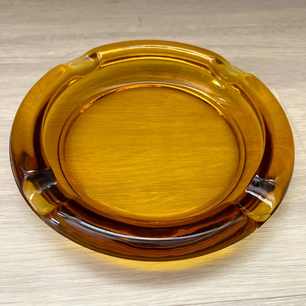 8” Vintage Amber Bronze Yellow Heavy Glass Ashtray Large Group 4